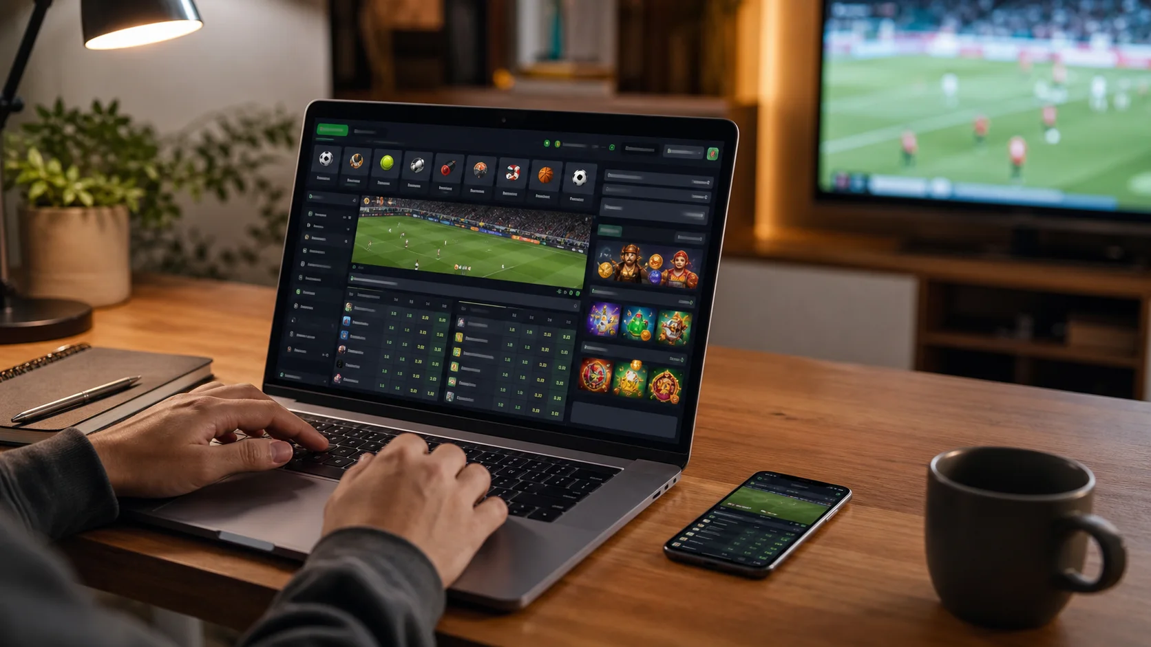 Plataforma thunderpick em notebook e celular com apostas esportivas e cassino online